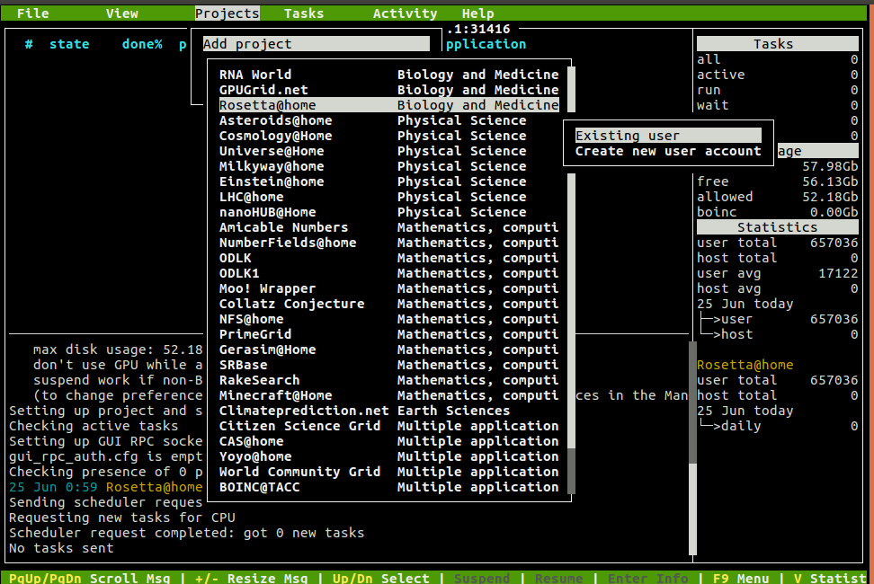 Terminal screen showing BOINCTUI command interface.