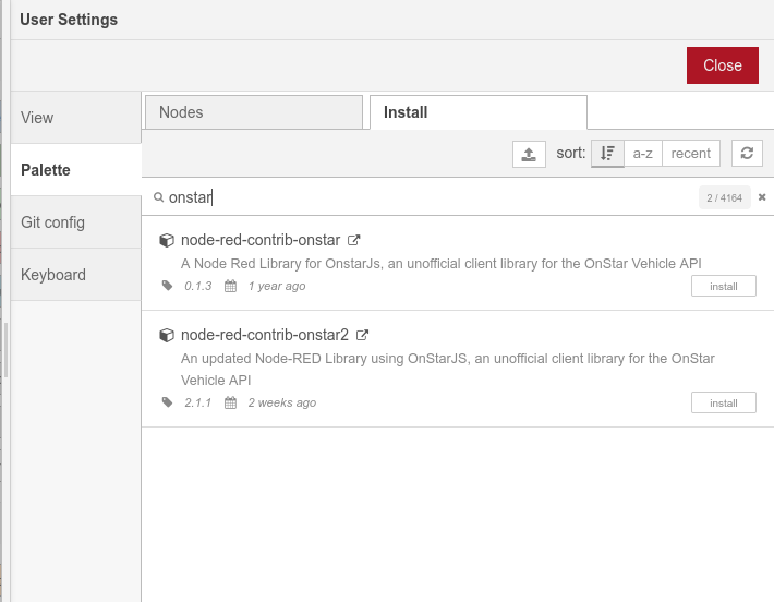 NodeRed Install tab