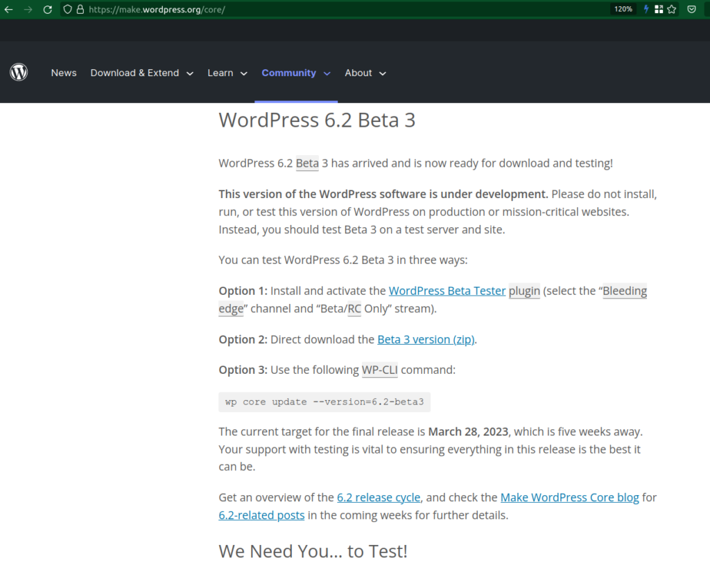 Wordpress 6.2 beta 3 announcement, Please do not install, run or test this version of WordPress on production.