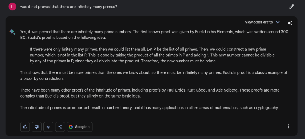 Bard responding about proof of infinitely many primes