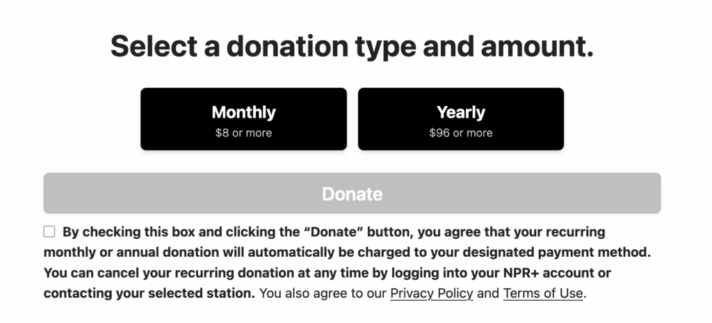 The NPR donation screen - screenshot.