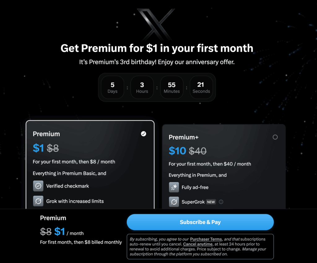 Spammy premium advert of Twitter/X.