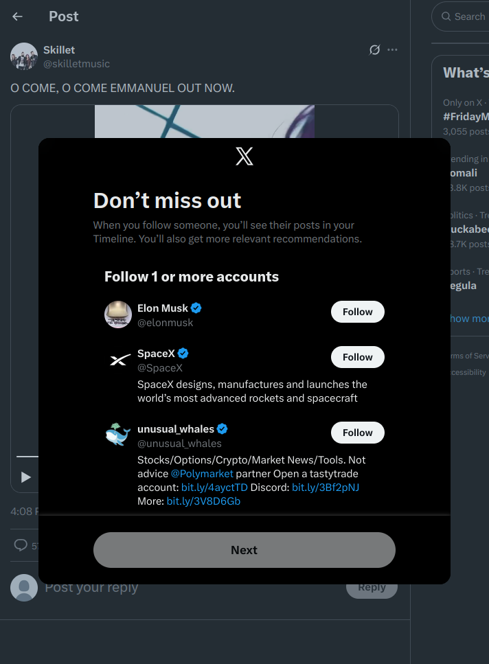 Elon musk as the top recommendation on new account.