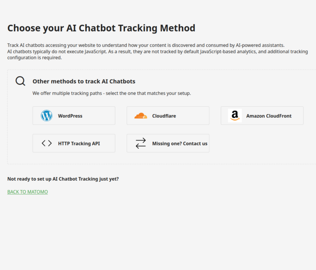 Choose your AI Chatbot Tracking Method screen - No Laravel.