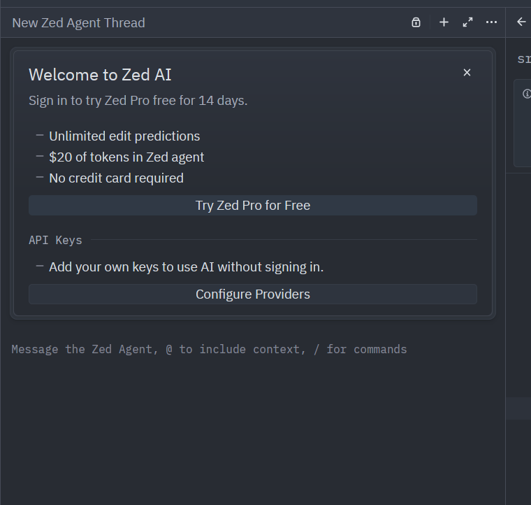 Welcome to Zed AI message.