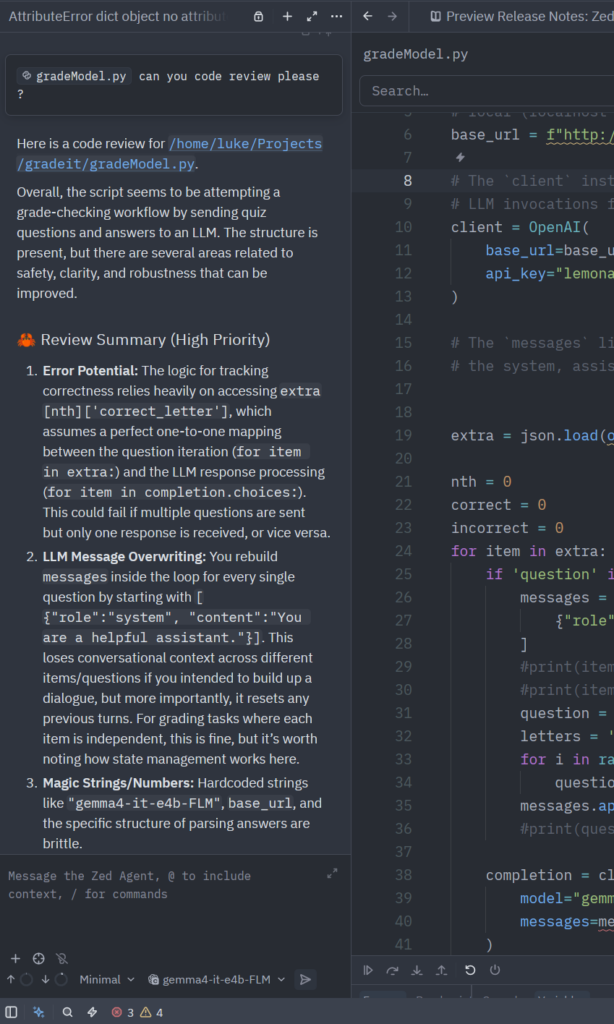 Image of Zed editor with panel with code review suggestions. Using current Python file as context.